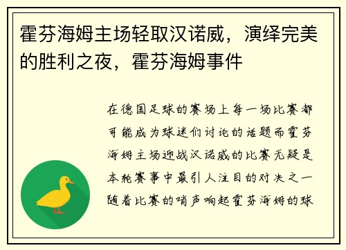 霍芬海姆主场轻取汉诺威，演绎完美的胜利之夜，霍芬海姆事件